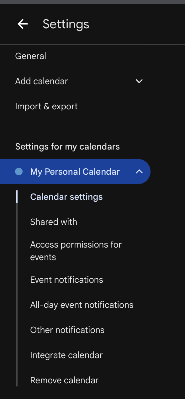 Google Calendar settings sidebar