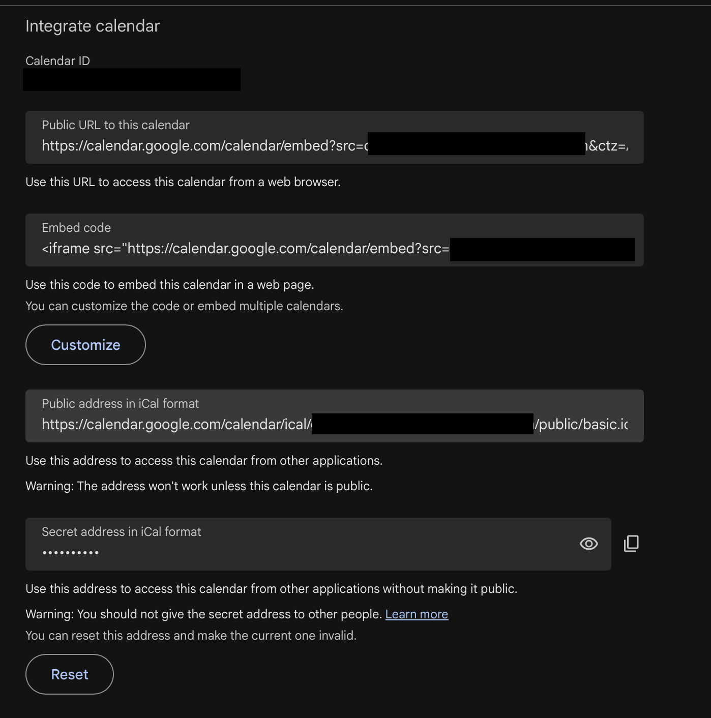 Google Calendar integrate section