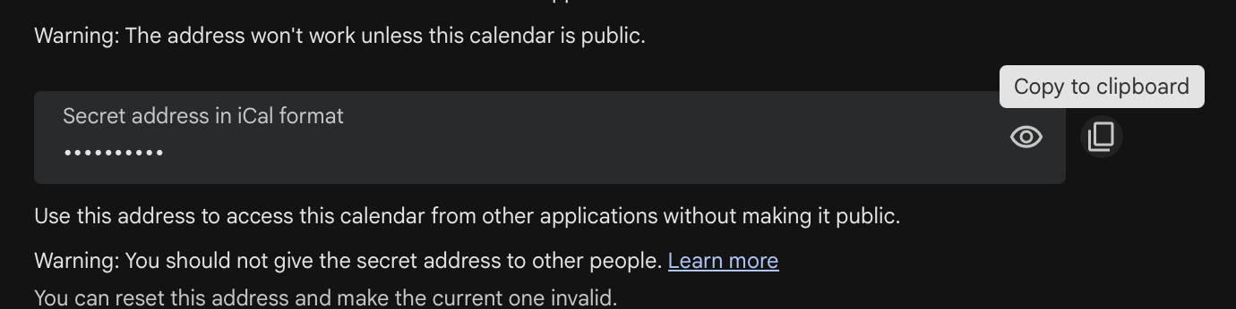 Google Calendar secret ICS URL