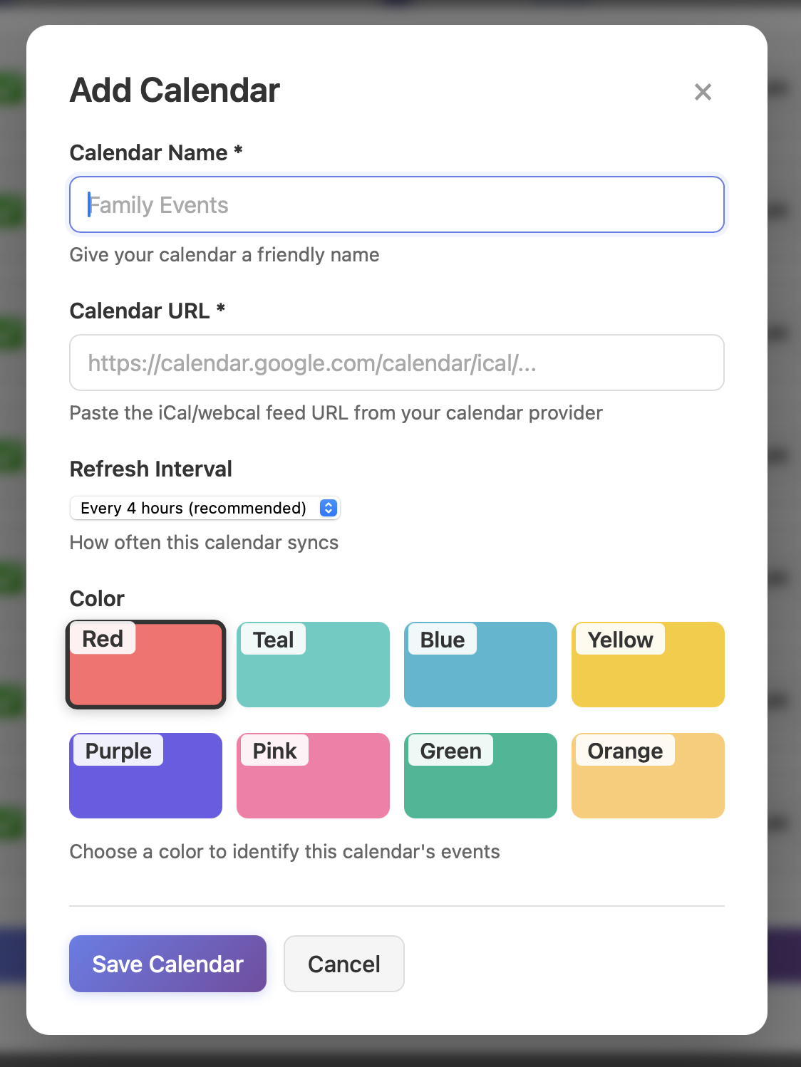 peeq Add Calendar form