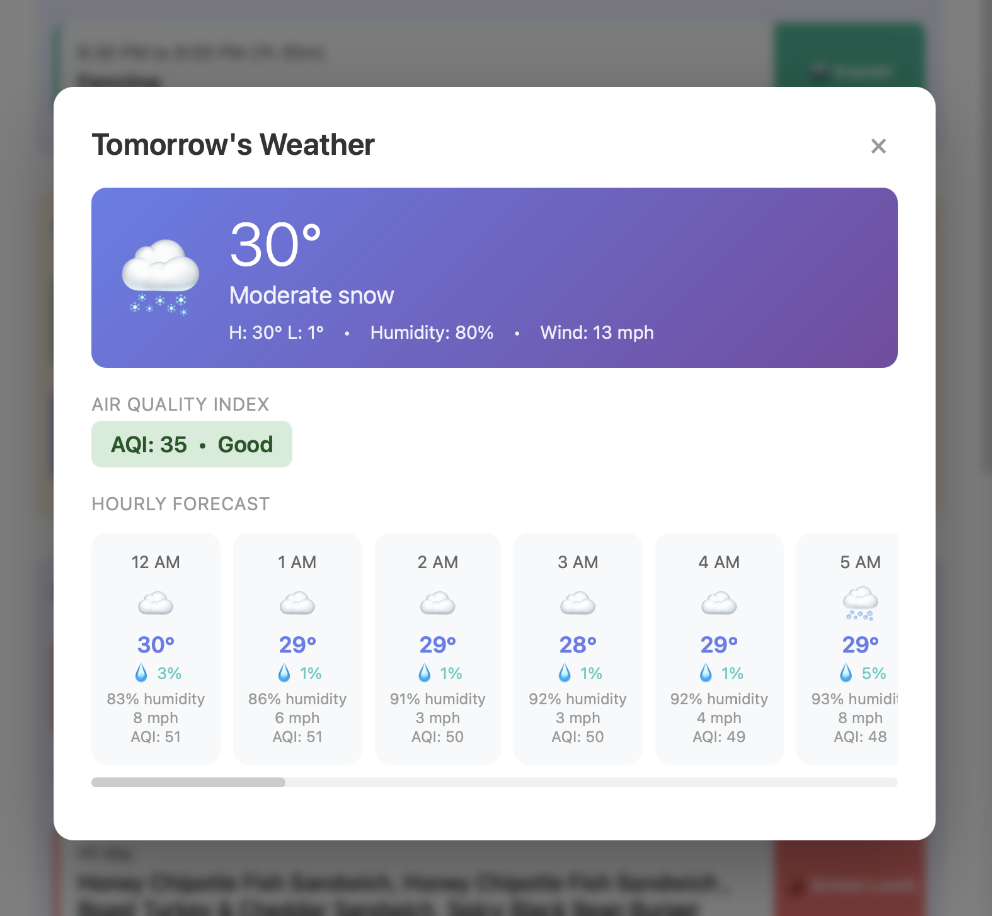 Weather forecast modal with hourly breakdown