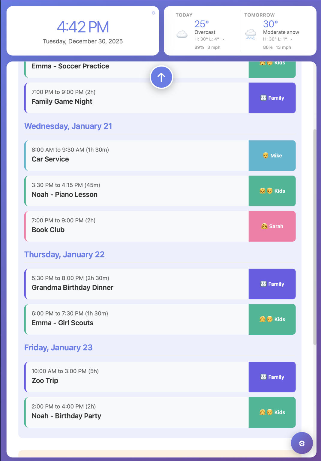 peeq week view showing color-coded family events